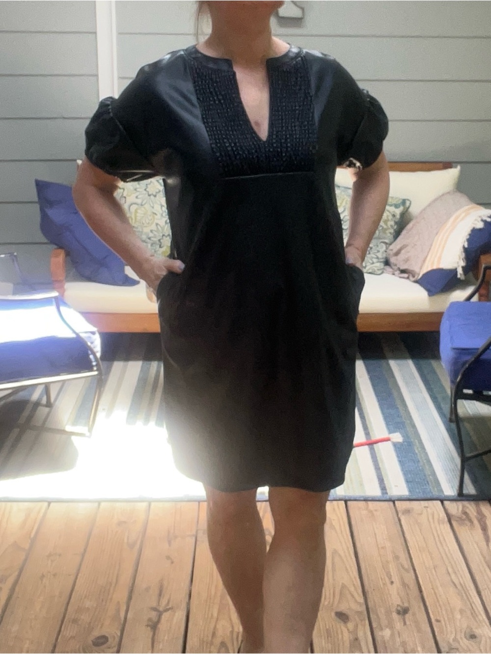THML Black Faux Leather Gathered Front Puff-Sleeve Top